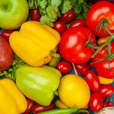top view fruits vegetables cherry tomatoes lemon tomatoes apple red cabbage coriander